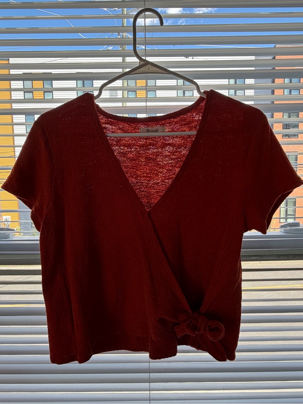 Madewell: Wrap-Front Short Sleeve Top in Deep Red